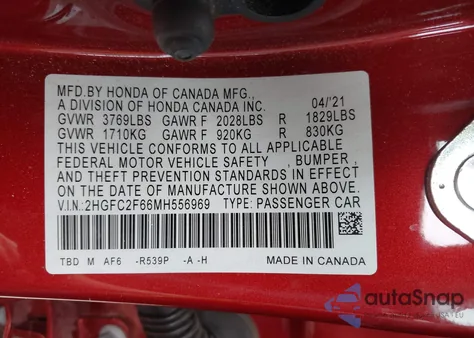 2021 Honda Civic Lx from USA, damaged, VIN 2HGFC2F66MH556969